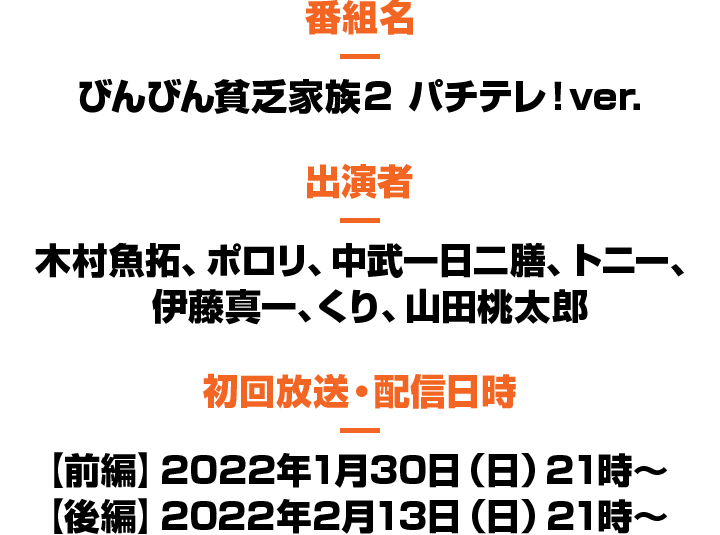 番組名：びんびん貧乏家族２ パチテレ！Ver.　出演者：木村魚拓、ポロリ、中武一日二膳、トニー、伊藤真一、くり、山田桃太郎　初回放送・配信日時：【前編】2022年1月30日（日）21時～【後編】2022年2月13日（日）21時～